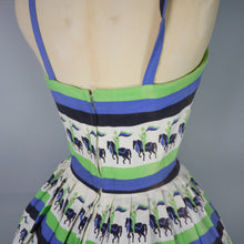 Load image into Gallery viewer, 50s NOVELTY HORSE RIDER BLUE AND GREEN STRIPE 50S SUN DRESS - S