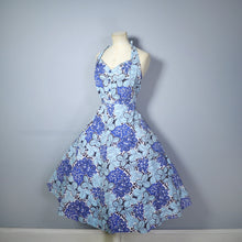 Load image into Gallery viewer, EARLY 50s BLUE WHITE LEAF PRINT FULL SKIRTED HALTER SUN DRESS - S