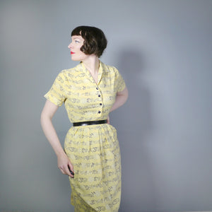 LATE 40s / 50s SOFT RAYON SHIRTWAISTER DAY DRESS IN YELLOW WITH SMALL BLACK PRINT - S