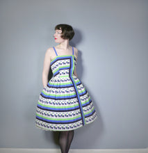 Load image into Gallery viewer, 50s NOVELTY HORSE RIDER BLUE AND GREEN STRIPE 50S SUN DRESS - S