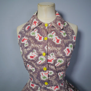 50s NOVELTY LION AND PALM TREE BACKLESS HALTER DRESS - XS