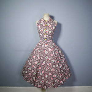 50s NOVELTY LION AND PALM TREE BACKLESS HALTER DRESS - XS