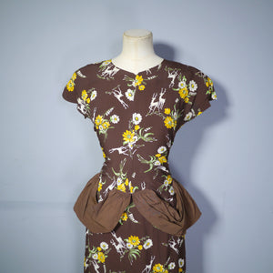 40s NOVELTY DEER AND FLOWER PRINT BROWN RAYON DRESS - S