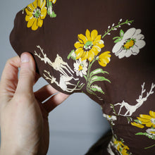 Load image into Gallery viewer, 40s NOVELTY DEER AND FLOWER PRINT BROWN RAYON DRESS - S