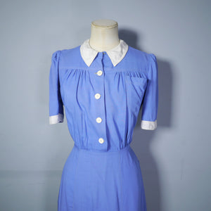 40s NURSE / ALICE style BLUE WHITE COLLARED SHIRTWAISTER DRESS - S