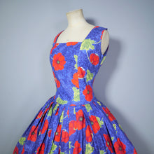 Load image into Gallery viewer, BLUE 50s COTTON FULL SKIRT DRESS WITH AMAZING LARGE RED POPPY FLORAL PRINT - S