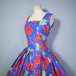 BLUE 50s COTTON FULL SKIRT DRESS WITH AMAZING LARGE RED POPPY FLORAL PRINT - S