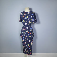 Load image into Gallery viewer, 40s FLORAL DAISY PRINT NAVY BLUE BIAS CUT PEPLUM DRESS - S