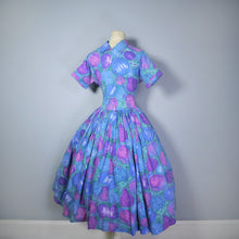 Load image into Gallery viewer, 50s PAINTERLY NOVELTY FRUIT PRINT PURPLE AND BLUE FULL SKIRT DRESS - S