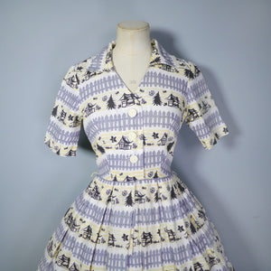 FRED HOWARD 40s 50s NOVELTY PRINT GREY AND YELLOW FENCE AND WOODLAND PRINT DRESS - S
