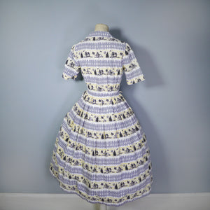 FRED HOWARD 40s 50s NOVELTY PRINT GREY AND YELLOW FENCE AND WOODLAND PRINT DRESS - S