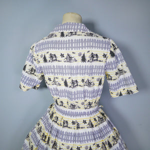 FRED HOWARD 40s 50s NOVELTY PRINT GREY AND YELLOW FENCE AND WOODLAND PRINT DRESS - S