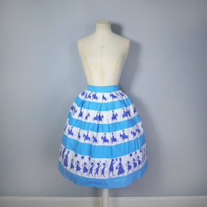 50s ST MICHAEL NOVELTY SKIRT IN BLUE STRIPE PRINT WITH GREETING BOYS AND GIRLS - XS-S