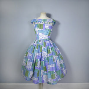BLUE 50s 60s FULL SKIRTED DRESS WITH CUT OUT NECKLINE - M