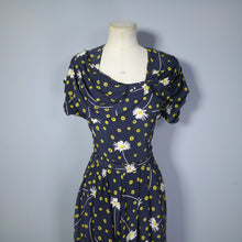Load image into Gallery viewer, VINTAGE 40s DAISY PRINT FLORAL RAYON DRESS WITH DRAPED NECKLINE - S