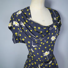 Load image into Gallery viewer, VINTAGE 40s DAISY PRINT FLORAL RAYON DRESS WITH DRAPED NECKLINE - S