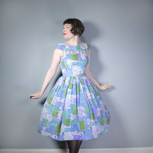 BLUE 50s 60s FULL SKIRTED DRESS WITH CUT OUT NECKLINE - M