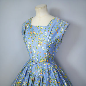 50s BLUE FULL SKIRTED DRESS BY RODNEY IN RED AND YELLOW FLORAL BUD PRINT - S