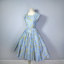 Load image into Gallery viewer, 50s BLUE FULL SKIRTED DRESS BY RODNEY IN RED AND YELLOW FLORAL BUD PRINT - S