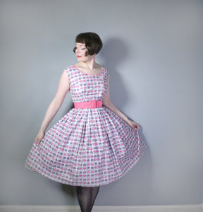 GREY AND PINK 50s VINTAGE NORMAN YOUNG FULL SKIRTED DRESS - S