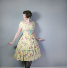 Load image into Gallery viewer, 50s 60s YELLOW NOVELTY SUITCASE PRINT TRAVEL THEME DRESS - S