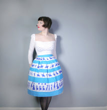 Load image into Gallery viewer, 50s ST MICHAEL NOVELTY SKIRT IN BLUE STRIPE PRINT WITH GREETING BOYS AND GIRLS - XS-S