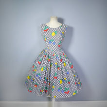 Load image into Gallery viewer, 50s GINGHAM AND NOVELTY FRUIT PRINT MID CENTURY PICNIC DRESS - XS-S