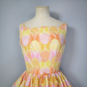 50s ORANGE YELLOW AND PINK FULL SKIRTED SUN DRESS BY COLETTE NEUILLY - S