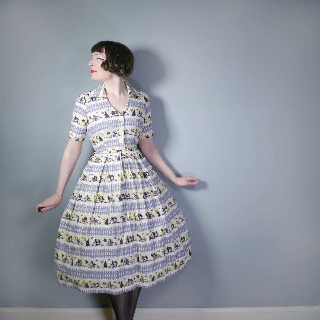 FRED HOWARD 40s 50s NOVELTY PRINT GREY AND YELLOW FENCE AND WOODLAND PRINT DRESS - S