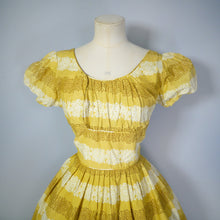 Load image into Gallery viewer, 50s MUSTARD YELLOW FLORAL SUN DRESS WITH RUCHED SHELF BUST AND PRINCESS PUFF SLEEVE - S-M