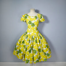 Load image into Gallery viewer, 50s YELLOW TULIP PRINT DRESS WITH HUGE SKIRT AND PUFF SLEEVE - S