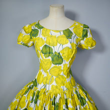 Load image into Gallery viewer, 50s YELLOW TULIP PRINT DRESS WITH HUGE SKIRT AND PUFF SLEEVE - S