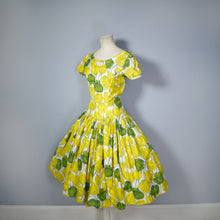 Load image into Gallery viewer, 50s YELLOW TULIP PRINT DRESS WITH HUGE SKIRT AND PUFF SLEEVE - S