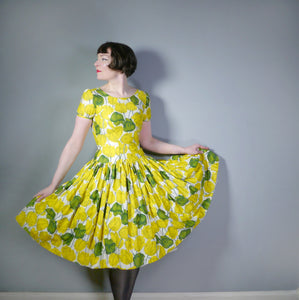 50s YELLOW TULIP PRINT DRESS WITH HUGE SKIRT AND PUFF SLEEVE - S