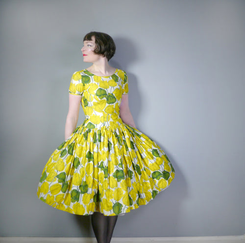 50s YELLOW TULIP PRINT DRESS WITH HUGE SKIRT AND PUFF SLEEVE - S