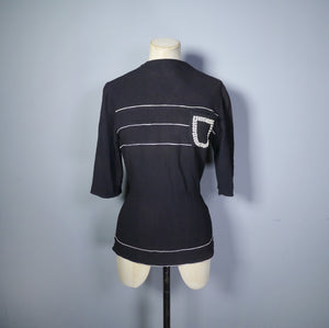 40s BLACK CREPE BLOUSE WITH WHITE PIPING AND STUDDED POCKET - S