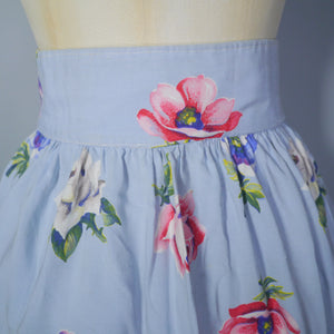40s FLORAL BORDER PRINT PASTEL BLUE MAKE DO AND MEND SKIRT - XS / 24.5"