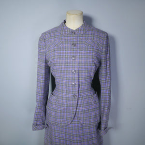 GREY AND PURPLE CHECKED LIGHTWEIGHT WOOL LATE 50s SKIRT SUIT - S