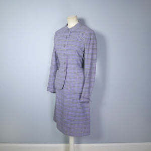 GREY AND PURPLE CHECKED LIGHTWEIGHT WOOL LATE 50s SKIRT SUIT - S
