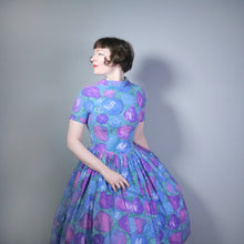 Load image into Gallery viewer, 50s PAINTERLY NOVELTY FRUIT PRINT PURPLE AND BLUE FULL SKIRT DRESS - S