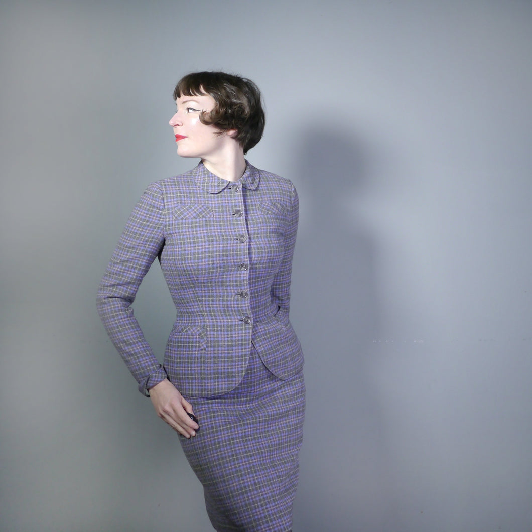 GREY AND PURPLE CHECKED LIGHTWEIGHT WOOL LATE 50s SKIRT SUIT - S