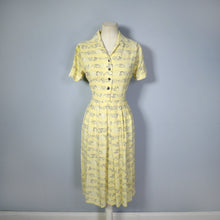 Load image into Gallery viewer, LATE 40s / 50s SOFT RAYON SHIRTWAISTER DAY DRESS IN YELLOW WITH SMALL BLACK PRINT - S