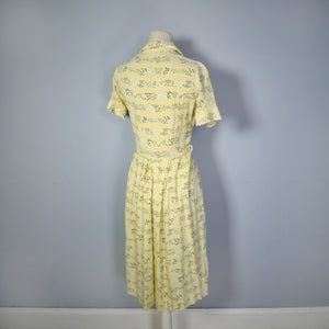 LATE 40s / 50s SOFT RAYON SHIRTWAISTER DAY DRESS IN YELLOW WITH SMALL BLACK PRINT - S
