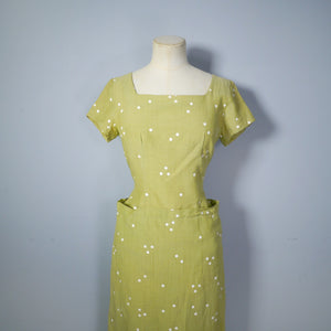 PALE GREEN POLKA DOT PRINTED 50s FITTED PENCIL DRESS WITH POCKETS - XS-S