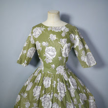 Load image into Gallery viewer, OLIVE GREEN 50s COTTON DRESS WITH WHITE AND GREY ROSE PRINT - S