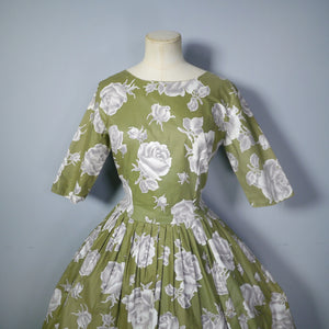 OLIVE GREEN 50s COTTON DRESS WITH WHITE AND GREY ROSE PRINT - S
