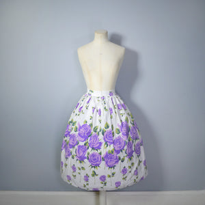 ROMANTIC 50s PURPLE STEMMED ROSE FLORAL BORDER PRINT FULL SKIRT - 24"