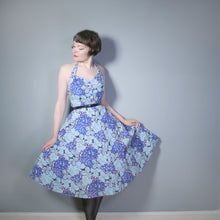 Load image into Gallery viewer, EARLY 50s BLUE WHITE LEAF PRINT FULL SKIRTED HALTER SUN DRESS - S