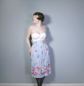 40s FLORAL BORDER PRINT PASTEL BLUE MAKE DO AND MEND SKIRT - XS / 24.5"