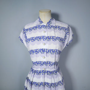 40s BLUE WHITE AND GREY TEA / SHIRT DRESS WITH SCALLOP PRINT - S